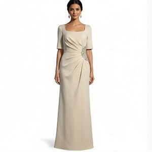 JS Collections Column Gown Dress 8 Evening Embellished Side Slit Cream Ashley